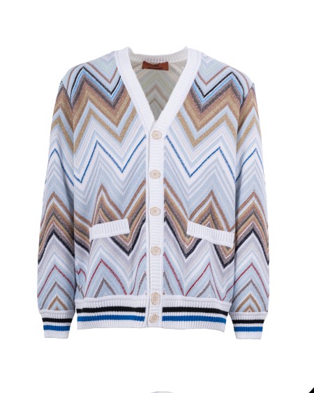 Shop MISSONI  Cardigan: Missoni zig zag cotton knit cardigan.
Button closure.
Cotton blend sweater.
Chevron pattern.
Ribbed profiles.
Composition: 89% cotton, 11% polyamide.
Made in Italy.. MOO 3Y -SO180